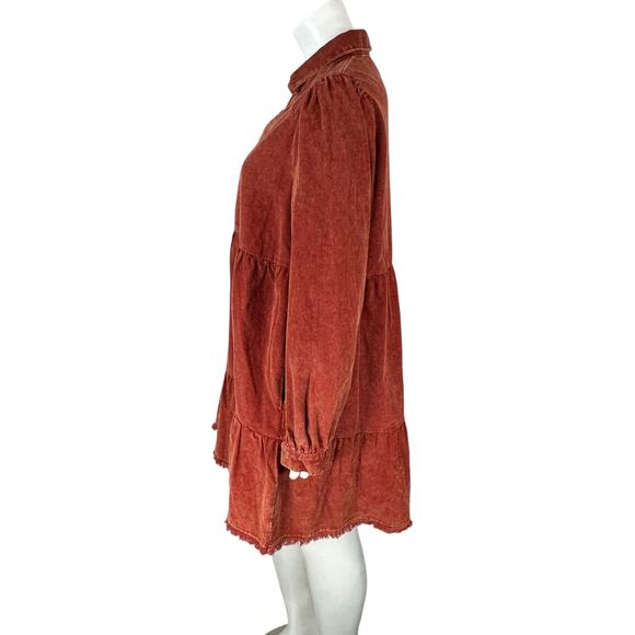 Umgee Babydoll Mini Dress Womens Size Large Corduroy Mineral Washed Pockets Rust - Picture 10 of 15